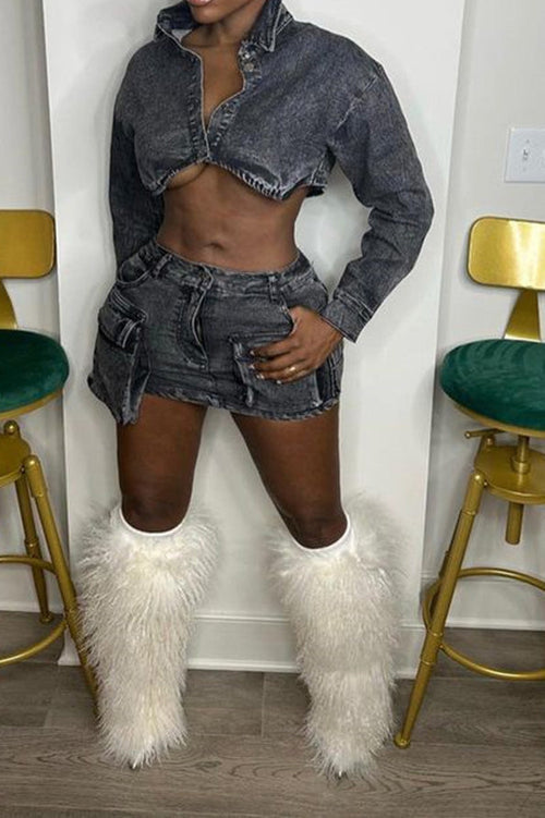 Black Denim Jacket And Skirt Set Lavish Daily