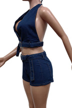 Denim Halter Stretch Shorts Set Lavish Daily