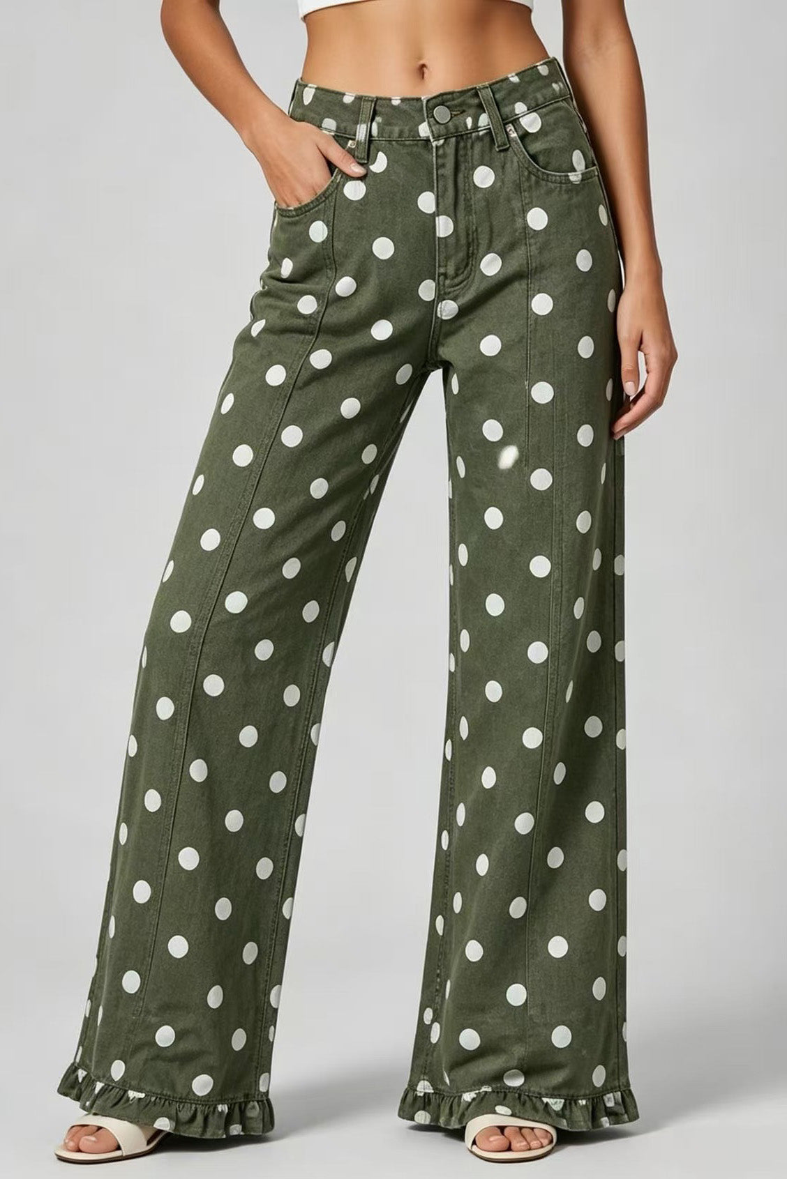 Polka Dot Wide Leg Jeans with Ruffle Hem Lavish Daily