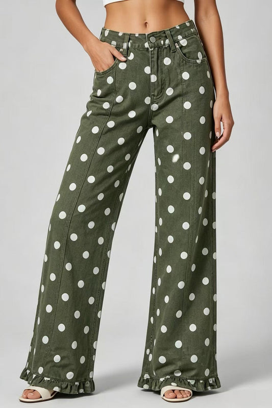Polka Dot Wide Leg Jeans with Ruffle Hem Lavish Daily