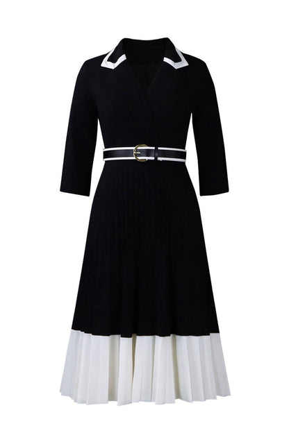 Elegant Lapel Belted Pleated Midi Dress Lavish Daily