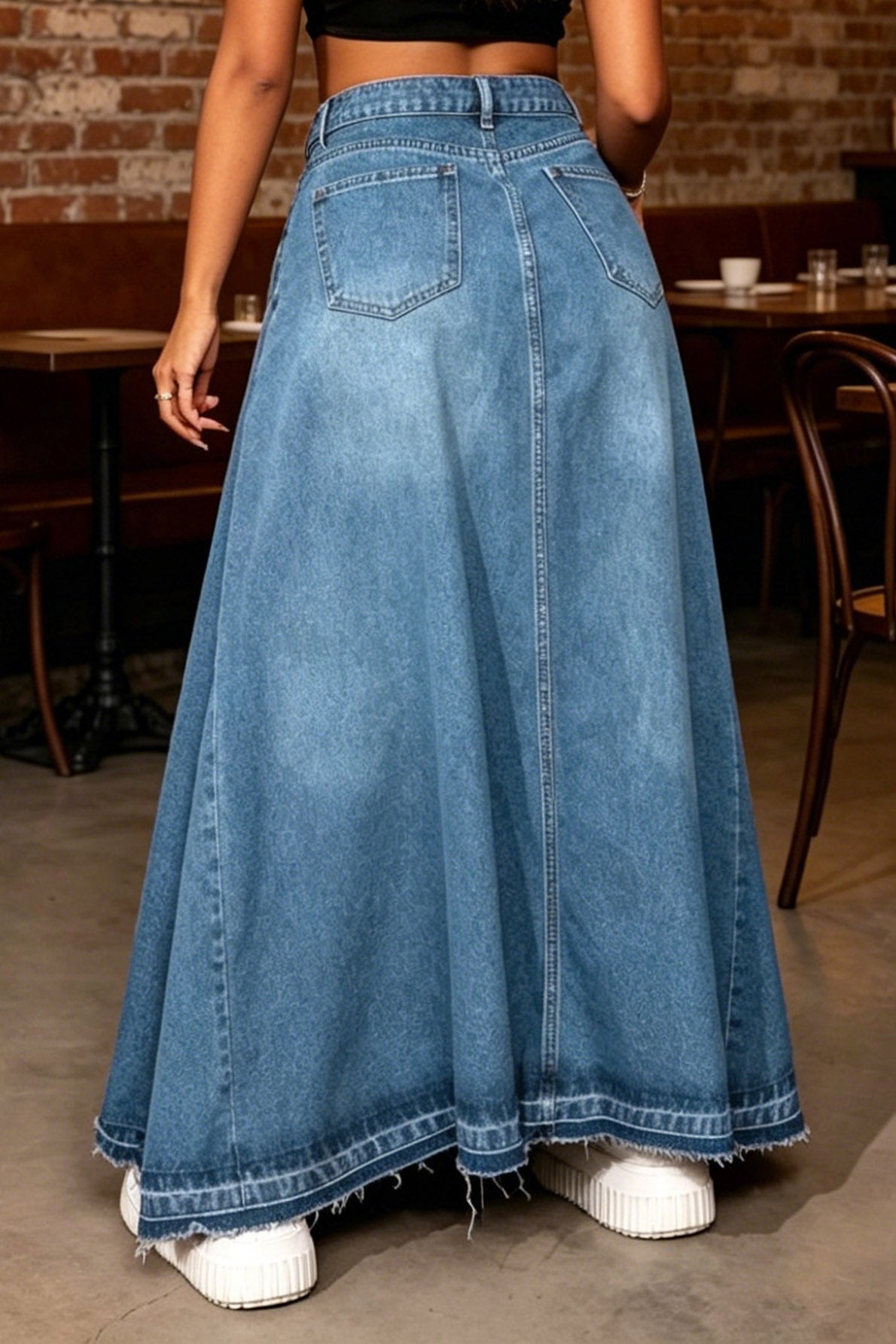 Raw-Hem A-Line Denim Maxi Skirt Lavish Daily