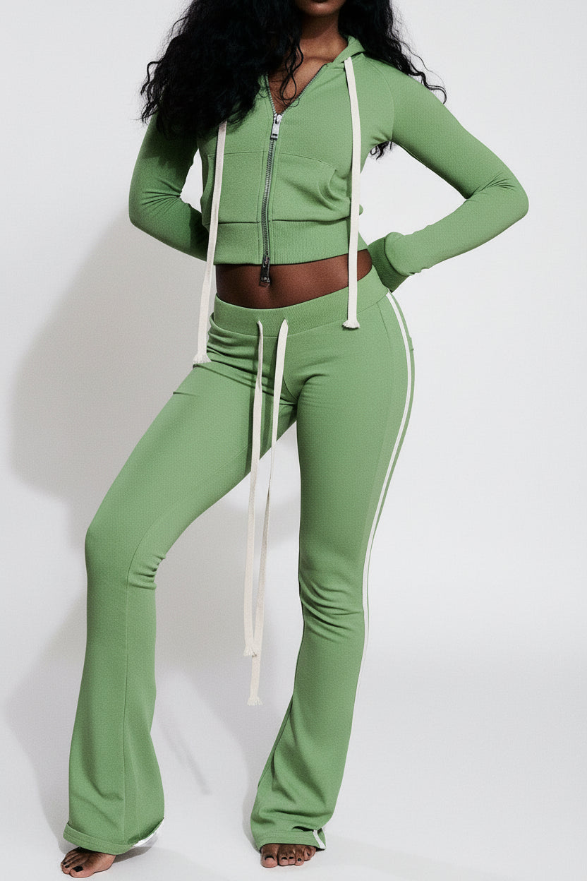 Hooded Zip Sweatshirt and Flare Pants Set Lavish Daily