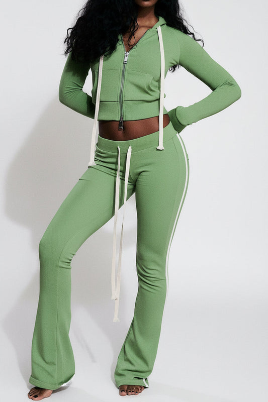Hooded Zip Sweatshirt and Flare Pants Set Lavish Daily