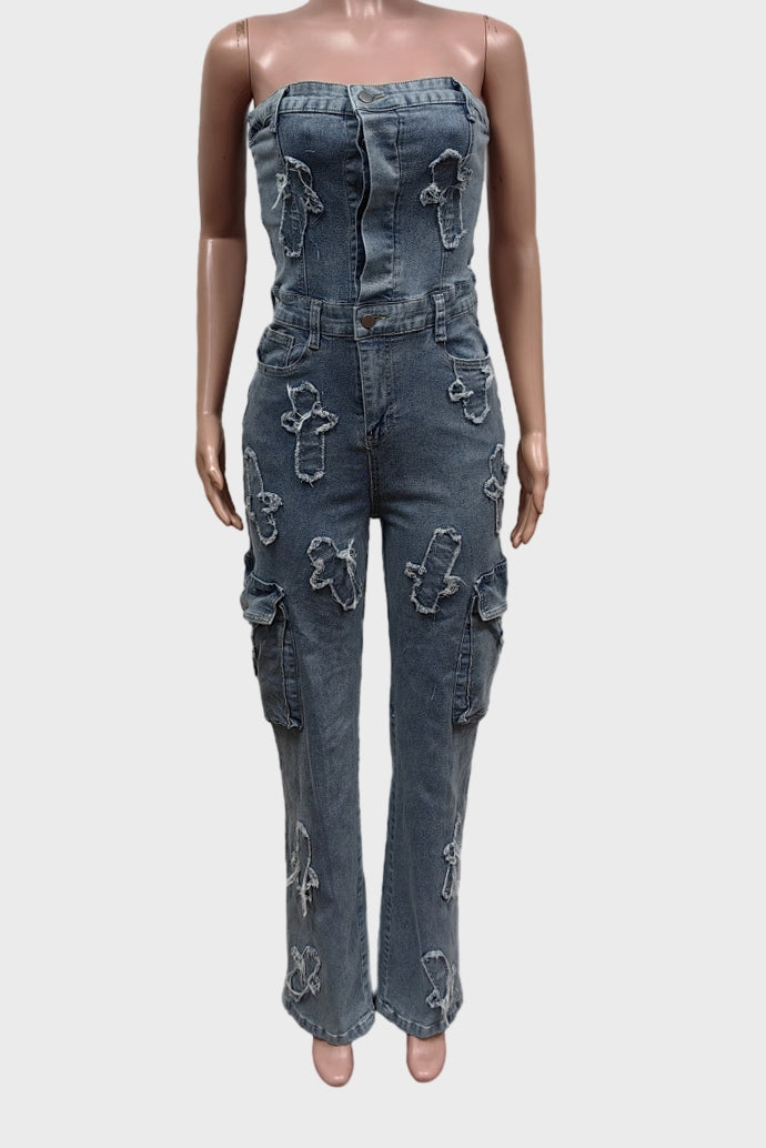 One Piece Denim Cargo Jumpsuit Lavish Daily