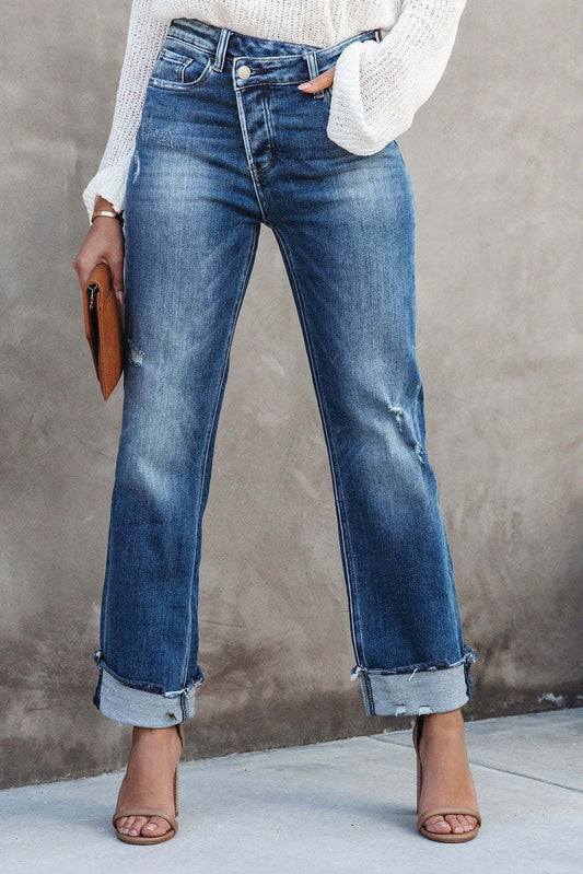 Asymmetrical Criss-Cross High-Rise Straight Jeans Lavish Daily