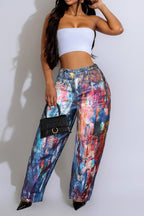 3D Print Denim Leather Wide-Leg Dopamine Pants Lavish Daily