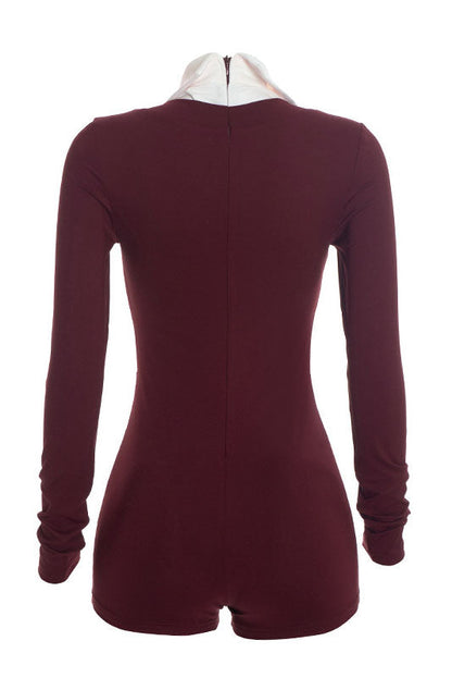 Contrast-Collar V-Neck Long-Sleeve Romper Lavish Daily