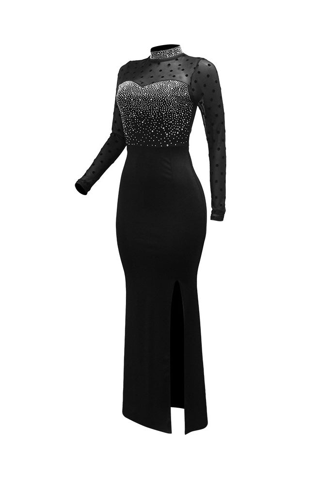 Rhinestone Mesh Sleeve Mermaid Maxi Dress Lavish Daily