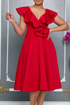 V-Neck Ruffled 3D Flower Detail Flare Midi Dress Lavish Daily