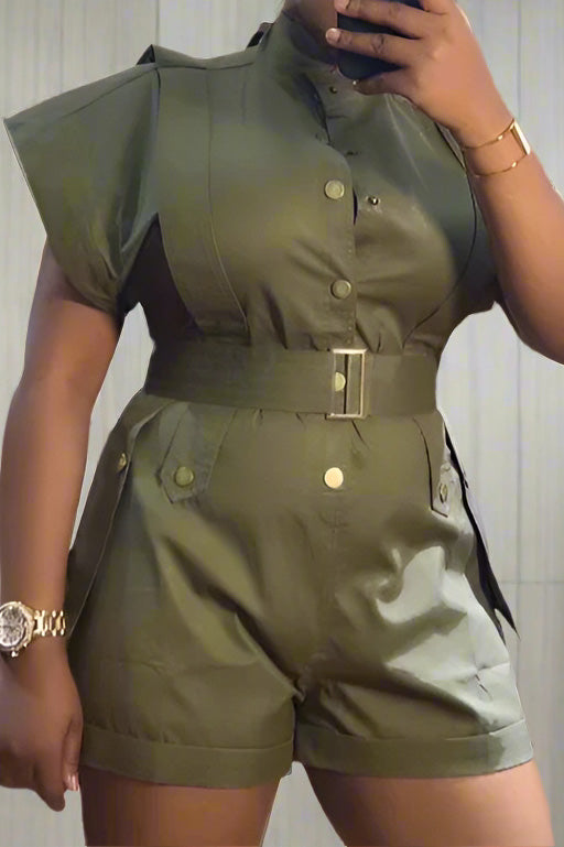 Button-Front Belted Romper Lavish Daily