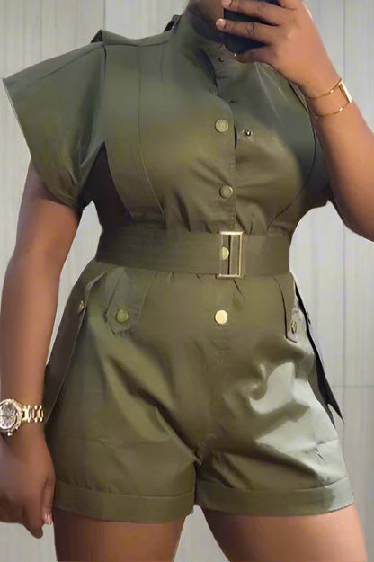 Button-Front Belted Romper Lavish Daily