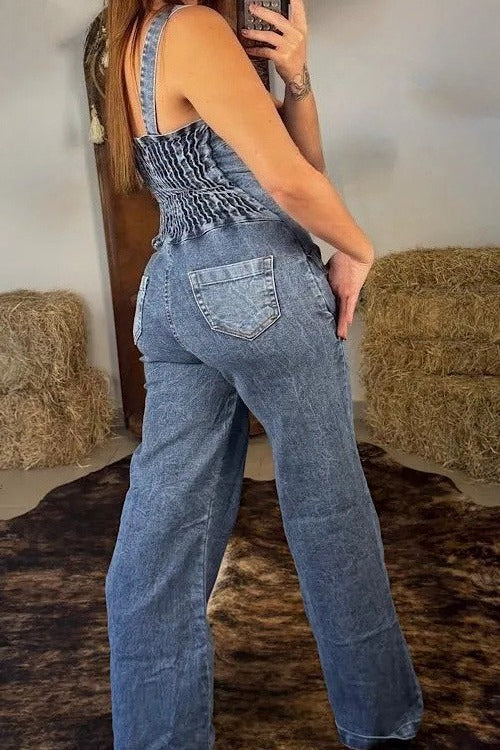Button-Front Wide Leg Denim Jumpsuit Lavish Daily