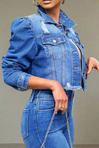 Ripped Edge Jacket Washed Denim Top Lavish Daily