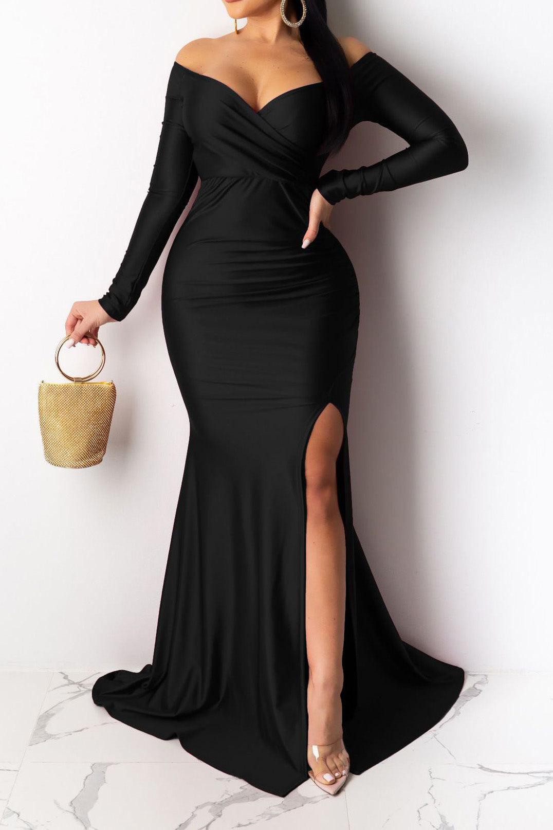 Off-Shoulder Long Sleeve Sweep Train Dress LavishDaily