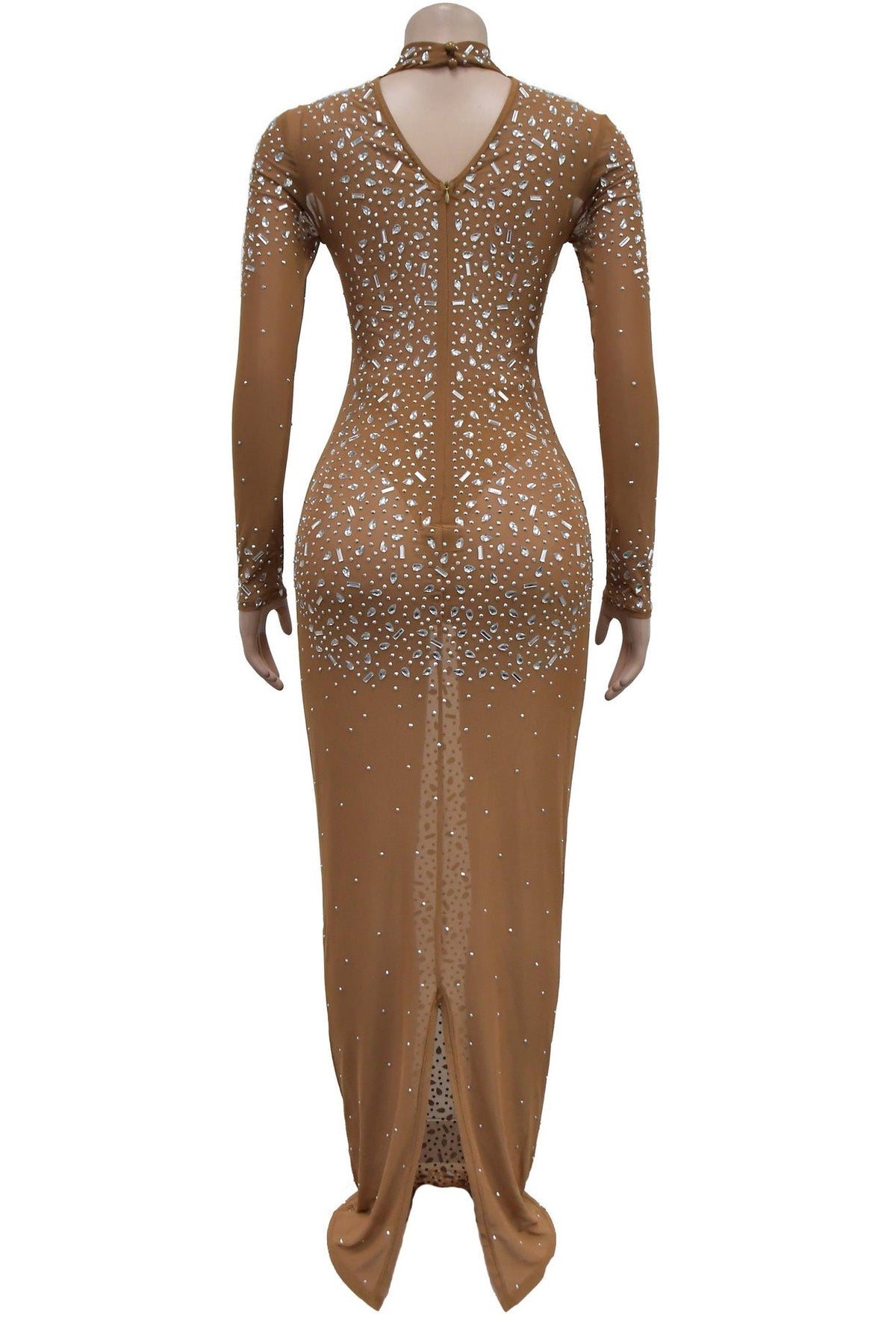 Mesh Rhinestone Long Sleeve Maxi Dress Lavish Daily