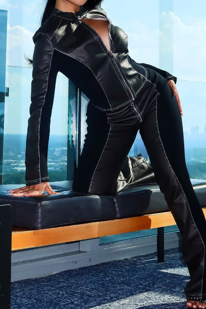 PU Leather Long Sleeve Top and Pants Set Lavish Daily