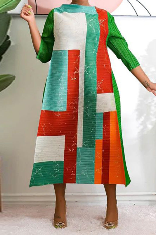 Abstract Print Pleated A Line Midi Dress Lavish Daily