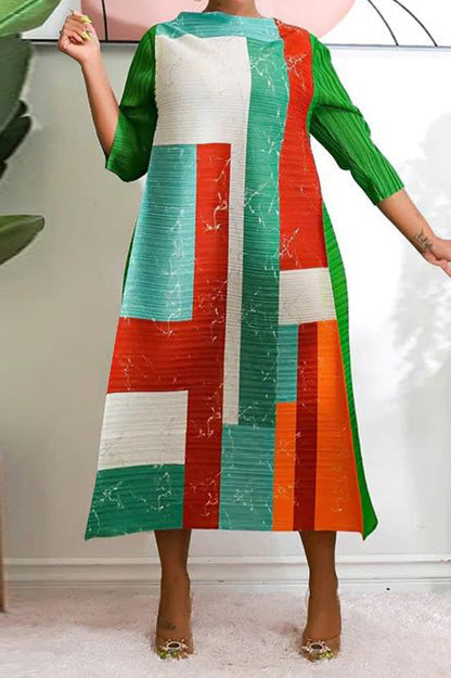 Abstract Print Pleated A Line Midi Dress Lavish Daily