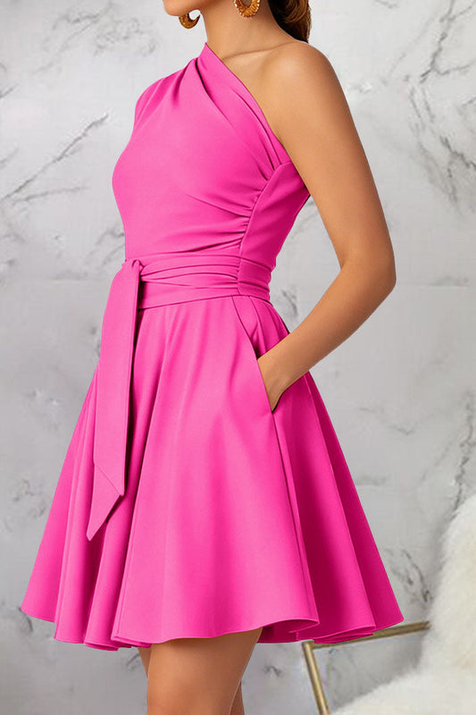 One-Shoulder Tie-Waist Pleated Mini Dress Lavish Daily