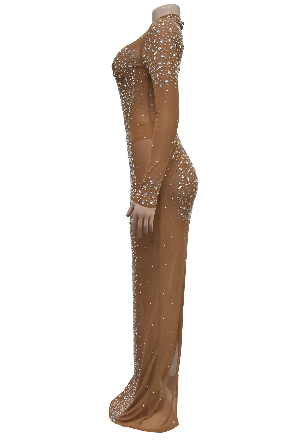 Mesh Rhinestone Long Sleeve Maxi Dress Lavish Daily