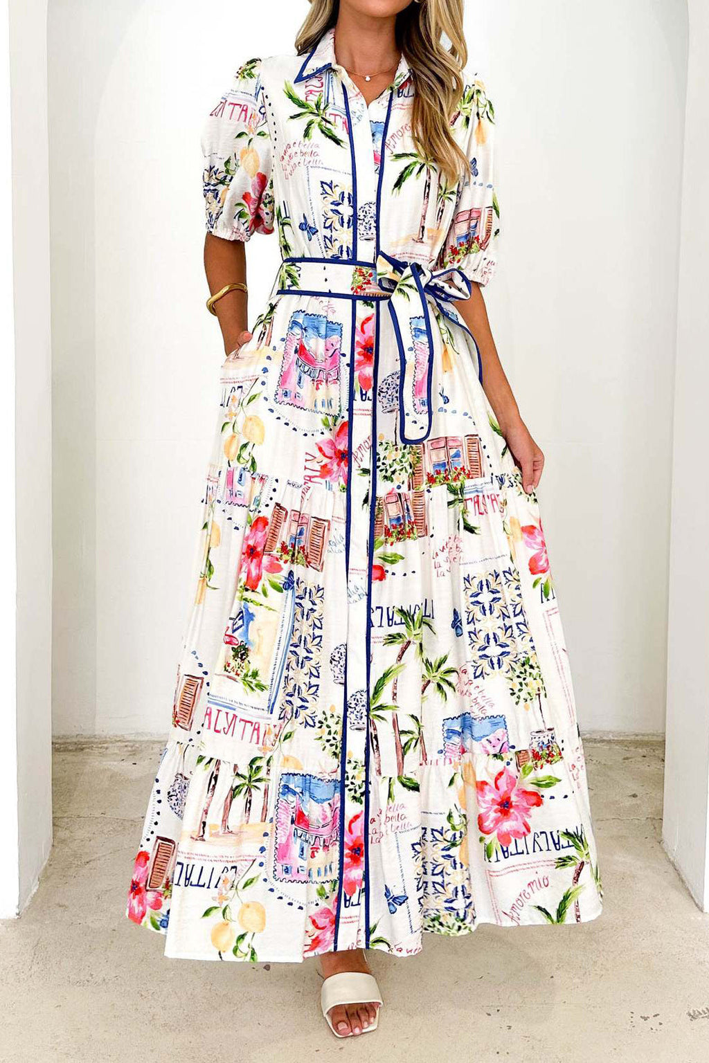 Short Sleeve Cotton Linen Flower Print Dress Lavish Daily