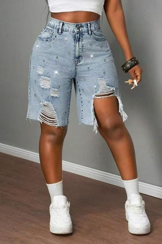 Rhinestone Distressed Denim Bermuda Shorts Lavish Daily