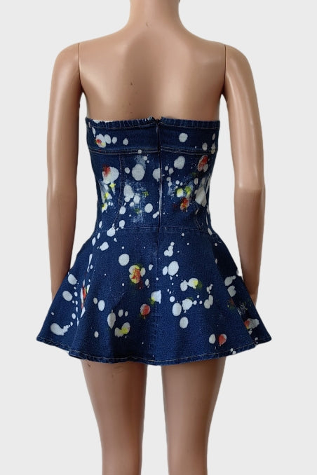 Strapless Print Ruffle Hem Short Denim Dress Lavish Daily