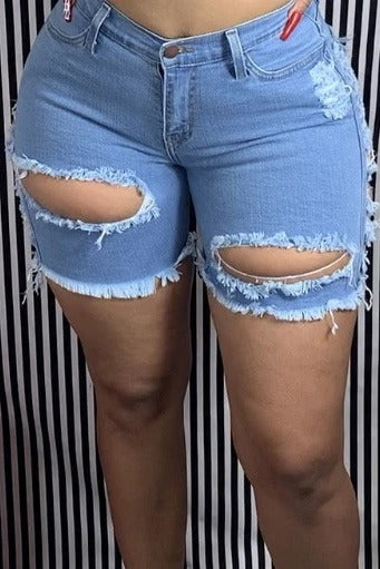 Distressed Cutout Denim Bermuda Shorts LavishDaily