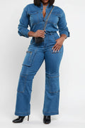 Washed Stretch Denim Utility Jumpsuit Lavish Daily