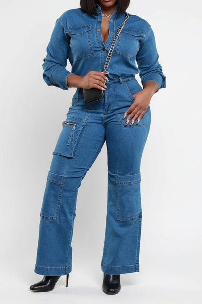 Washed Stretch Denim Utility Jumpsuit Lavish Daily