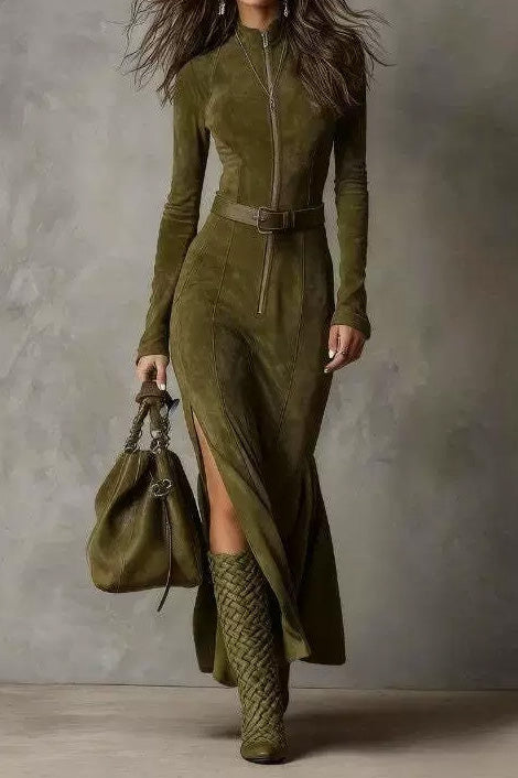 Long Sleeve Zipper Slim Fit Slit Maxi Dress Lavish Daily