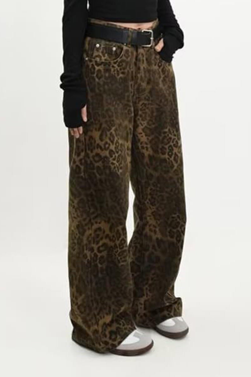 Vintage Leopard Print Wide Leg Denim Pants Lavish Daily