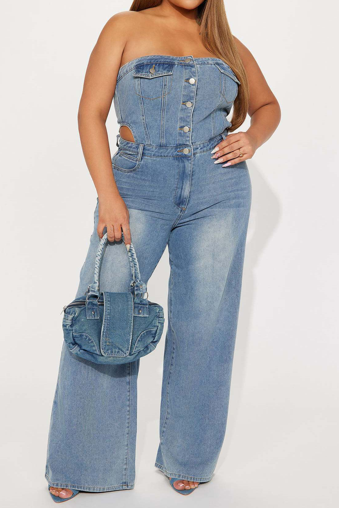 Strapless Slim Top Wide-Leg Denim Jumpsuit Lavish Daily