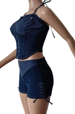 Fashion Straps Denim Set - Casual Shorts Lavish Daily