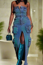 Denim Cargo Dress Lavish Daily