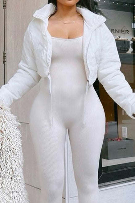 Solid Zip-Up Fitted Cotton Puffer Jacket Lavish Daily