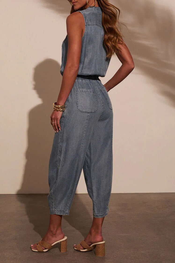 Sleeveless Drawstring Waist Washed Denim Jumpsuit Lavish Daily
