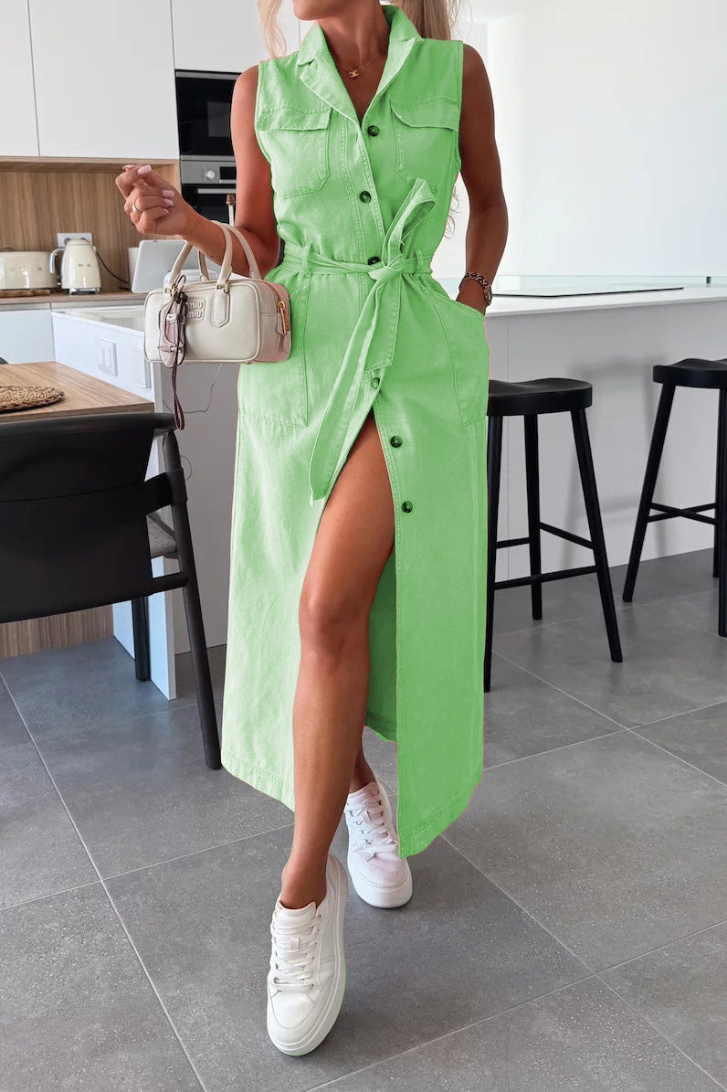 Sleeveless Belted Utility Maxi Shirt Dress Lavish Daily