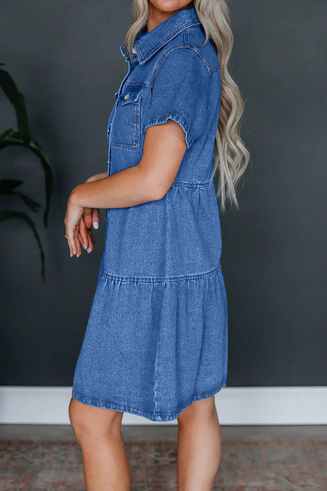 Short Sleeve Button-Up Denim Dress with Pockets Lavish Daily