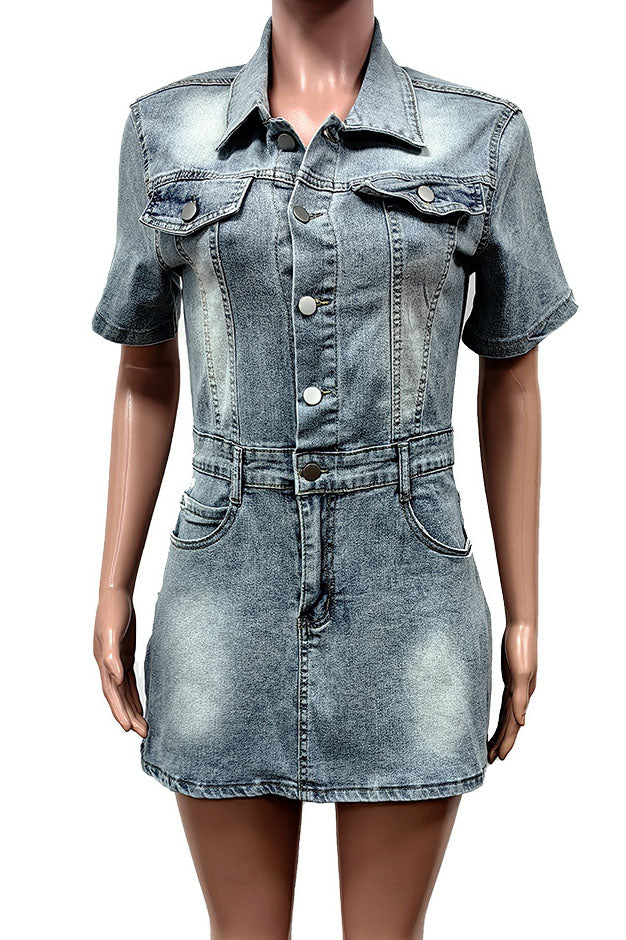 Short Sleeve Denim Mini Dress Lavish Daily