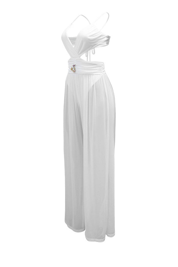 V-Neck Backless Sheer Jumpsuit Lavish Daily