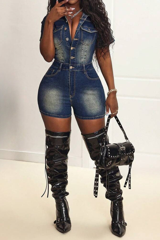 Short Sleeve Slim Fit Stretch Denim Romper Lavish Daily