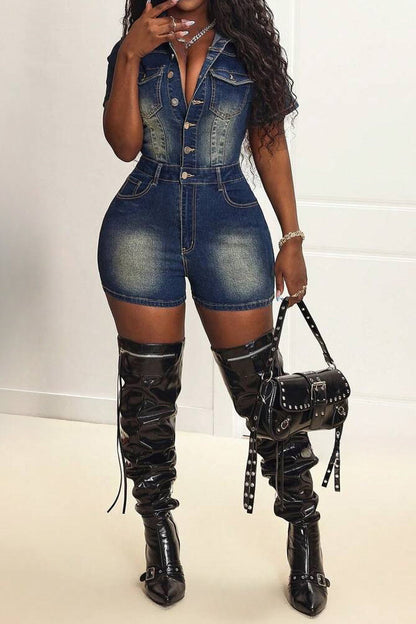 Short Sleeve Slim Fit Stretch Denim Romper Lavish Daily