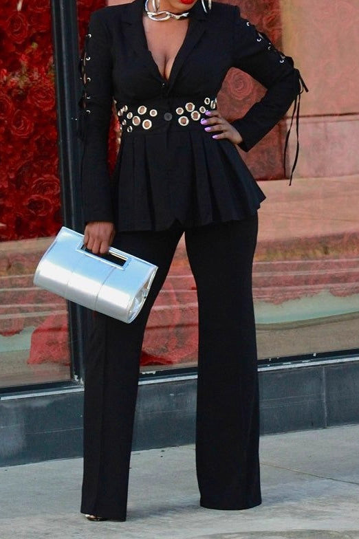 Slim Fit Eyelet Lace-Up Blazer Set Lavish Daily