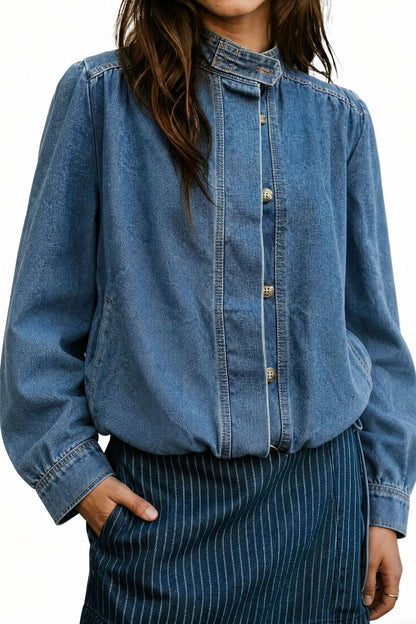 Puff-Sleeve Stand-Collar Denim Jacket Lavish Daily