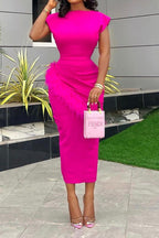 Solid Short Sleeve Frayed Hem Midi Dress Lavish Daily