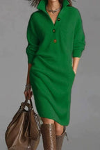 Solid Collared Button Pocket Knit Midi Dress LavishDaily