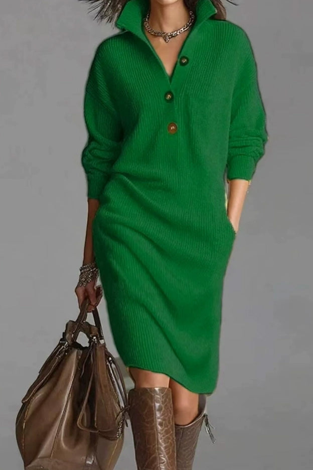 Solid Collared Button Pocket Knit Midi Dress LavishDaily