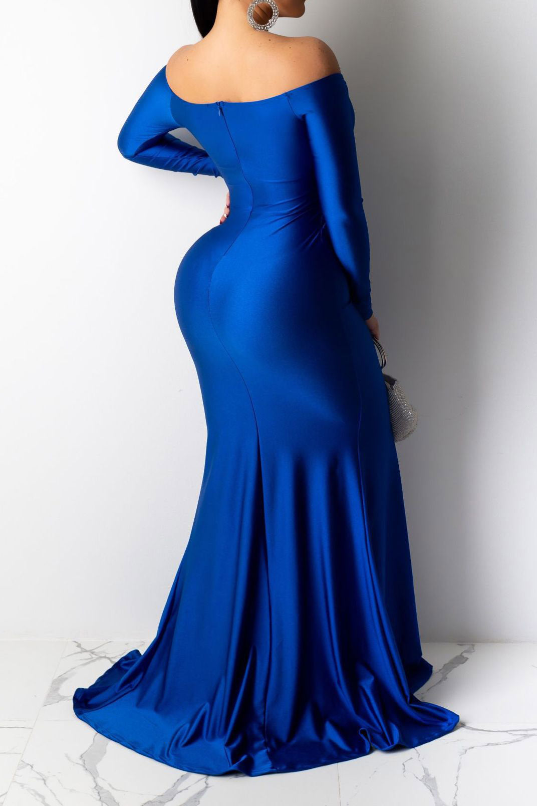 Off-Shoulder Long Sleeve Sweep Train Dress LavishDaily